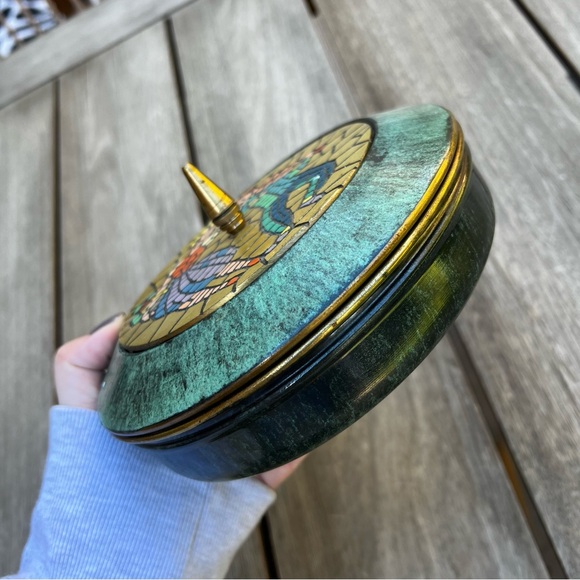 Vintage Dayagi Israel Mosaic Enamel Brass Bowl with Lid Green Patina - Picture 4 of 8